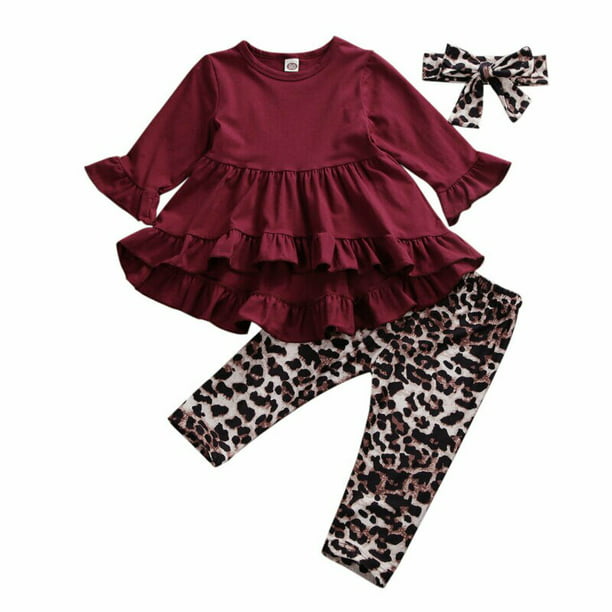Fashion Toddler Baby Girl Outfits Ruffled Long Sleeve Dress Tunic Tops+Leopard Legging Pants+Headband Set Spring Fall Clothes 